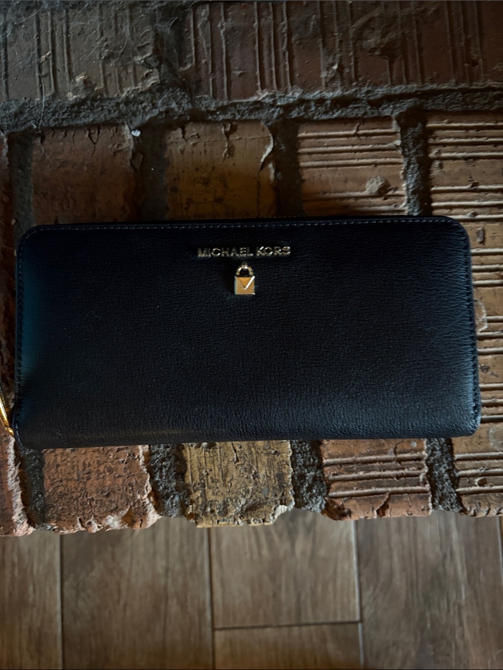 Michael Kors Black Leather Zip-Around Wallet with Gold Hardware